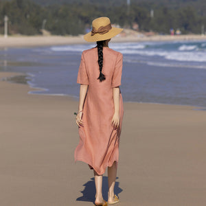 Đầm liền linen ngắn tay cổ V thêu hoa văn retro trước ngực - NU9902