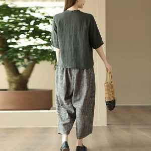 Áo sơ mi linen đơn sắc ngắn tay cổ V kiểu giấu khuy - NU8961