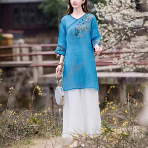 Đầm liền linen tay lửng cổ V thêu hoa văn retro - NU9986