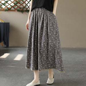 Chân váy linen lưng thun in hoa liti vạt đính ren - NU10127