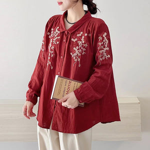 Áo sơ mi linen dài tay cổ pipi thêu hoa đối xứng - NU9723