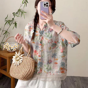 Áo sơ mi linen ngắn tay cổ V đính ren in hoa lá - NU9814