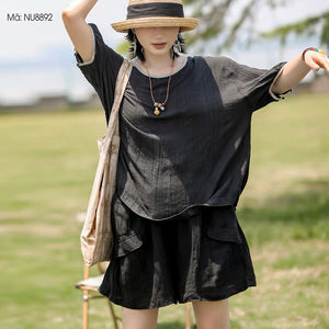 Bộ đồ linen gồm áo T-shirt ngắn tay cổ tròn và quần sooc hai túi - NU8889