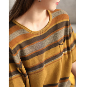 Áo T-shirt len ngắn tay cổ tròn kẻ sọc một túi - A791