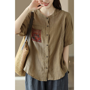 Áo sơ mi linen ngắn tay cổ tròn một túi hoa lá - NU8812