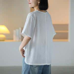 Áo T-shirt linen ngắn tay cổ tròn in hoa lá và chim retro - NU10357