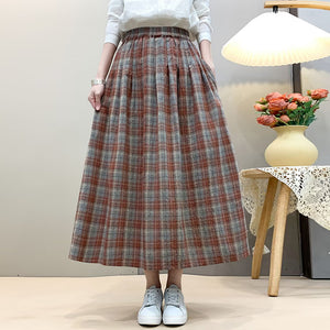 Chân váy linen lưng thun hai túi kẻ caro - V079
