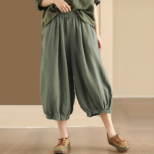 Quần baggy linen lửng lưng thun ống rộng bo gấu - Q005