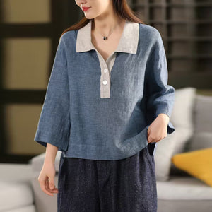 Áo sơ mi linen tay lửng cổ thủy thủ lệch màu - A939