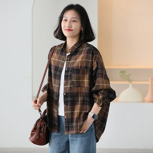 Áo sơ mi dài tay cổ đức kẻ sọc caro form dài - NU9727