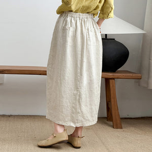 Chân váy linen lưng thun hai túi sau khuy cài - V073