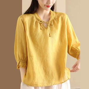 Áo sơ mi linen tay lửng cổ V cột dây - A715