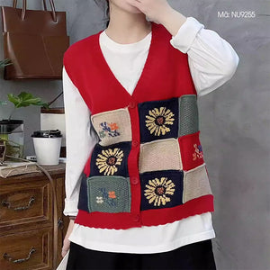 Áo khoác len gile sát nách cổ V ô màu những bông hoa - NU9253