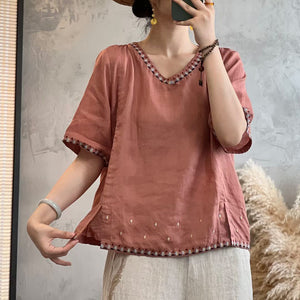 Áo T-shirt linen ngắn tay cổ V thêu bo viền - NU10071