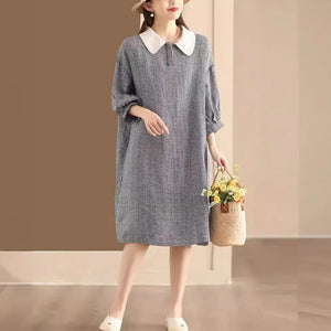 Đầm liền linen ngắn tay cổ cánh sen kẻ caro - NU10189