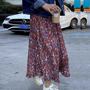 Chân váy linen retro lưng thun xếp ly in hoa lá - NU10041