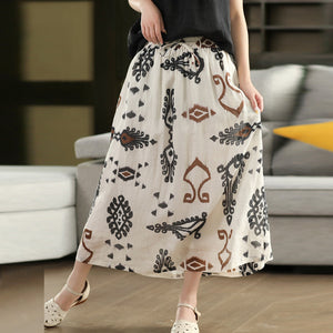 Chân váy linen retro lưng thun dây rút in trừu tượng - V116