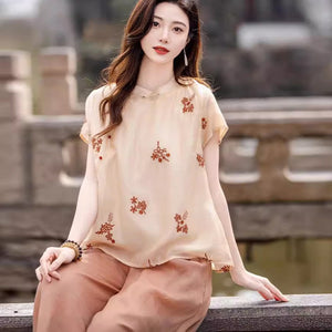Áo sơ mi linen ngắn tay cổ đứng thêu hoa lá xoắc ốc - NU9991