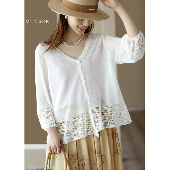 Áo khoác linen cardigan dệt kim dài tay cổ V - NU8837