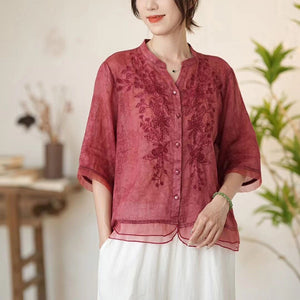 Áo sơ mi linen ngắn tay cổ đứng thêu hoa lá và in đồng màu - NU10454
