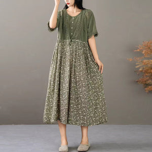 Đầm liền ngắn tay cổ tròn in hoa thêu ren - D065