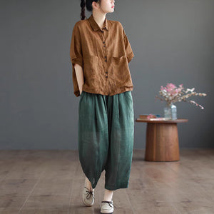 Áo sơ mi linen ngắn tay cổ đức túi vuông - NU9812