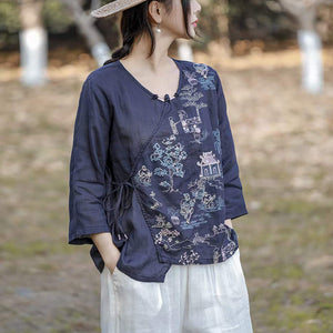 Áo sơ mi linen tay lửng cổ tròn vạt chéo thêu phong cảnh - NU9829