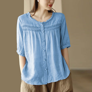 Áo sơ mi linen ngắn tay cổ tròn xếp ly retro - NU10342