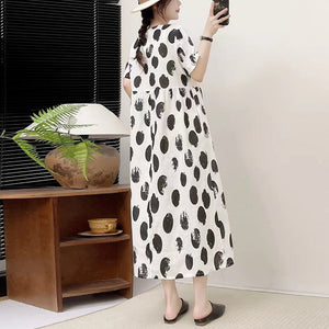Đầm liền linen ngắn tay cổ V chấm bi đan móc - NU10145