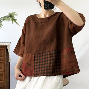 Áo T-shirt linen ngắn tay cổ tròn phối caro - NU9865
