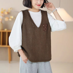 Áo len đan retro sát nách cổ V một túi nhỏ - NU9196
