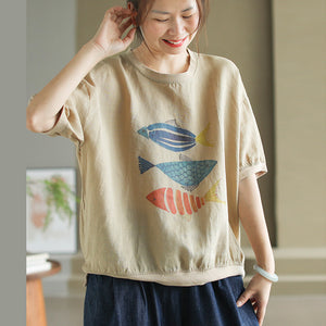Áo T-shirt linen ngắn tay cổ tròn in những chú cá gỗ - NU10459