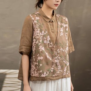 Áo sơ mi linen ngắn tay cổ đức kiểu phối gile - A741