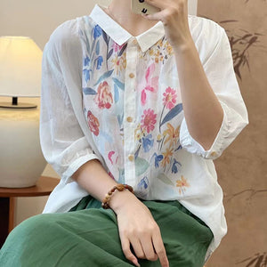 Áo sơ mi linen ngắn tay cổ đức in hoa hồng - NU10095