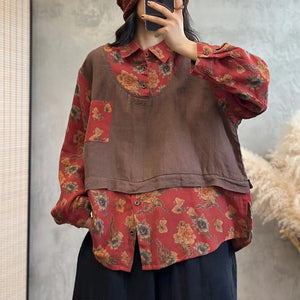 Áo sơ mi linen dài tay cổ đức kiểu hai mảnh in hoa lá - NU9273