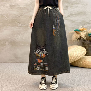 Chân váy denim lưng thun thêu mèo và cá - NU10080