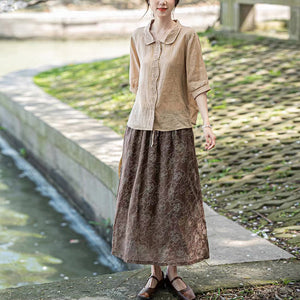 Áo sơ mi linen ngắn tay cổ cánh sen thêu hoa văn retro - NU10308