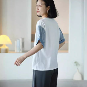 Áo T-shirt ngắn tay phối lệch màu cổ tròn - NU10456