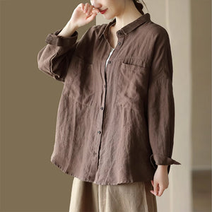 Áo sơ mi linen dài tay cổ đức hai túi vuông form rộng - NU9137