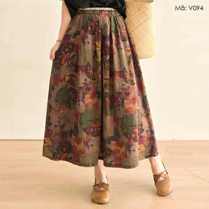 Chân váy linen lưng thun in hoa lá mộc mạc - V093