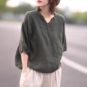Áo T-shirt linen ngắn tay cổ V khuy cài một túi nhỏ - NU8982