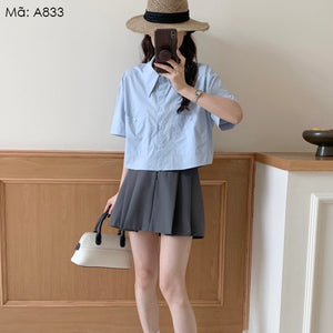 Áo sơ mi linen ngắn tay cổ sen hai túi vuông - A831