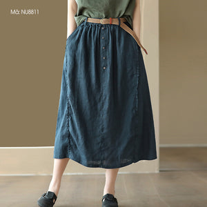 Chân váy linen lưng thun kiểu năm khuy - NU8809