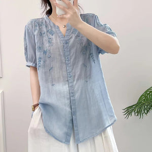 Áo sơ mi linen ngắn tay cổ tròn xẻ V thêu hoa lá đối xứng - NU9999