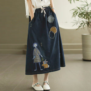 Chân váy denim lưng thun thêu cô gái và chú thỏ - NU10359