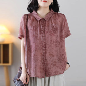 Áo sơ mi linen ngắn tay cổ pipi in hoa lá một túi nhỏ - NU8871