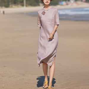 Đầm liền linen ngắn tay cổ tròn cánh sen thêu retro - NU9901