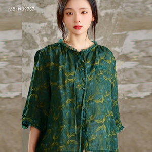 Áo sơ mi linen tay lửng in hoa lá cổ tròn phối ren - NU9736