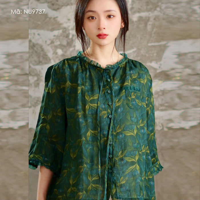 Áo sơ mi linen tay lửng in hoa lá cổ tròn phối ren - NU9736