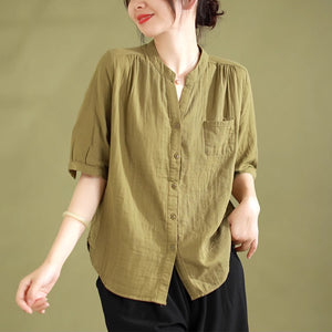 Áo sơ mi linen ngắn tay cổ đứng xẻ V một túi - NU8936